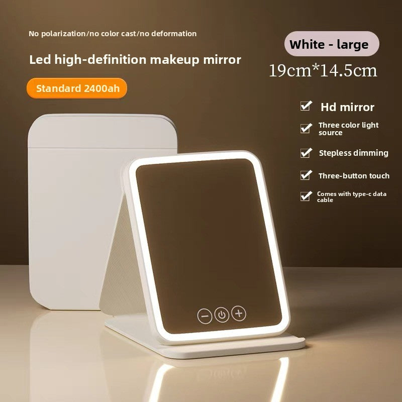 LED high-definition makeup mirror with specifications on a brown background