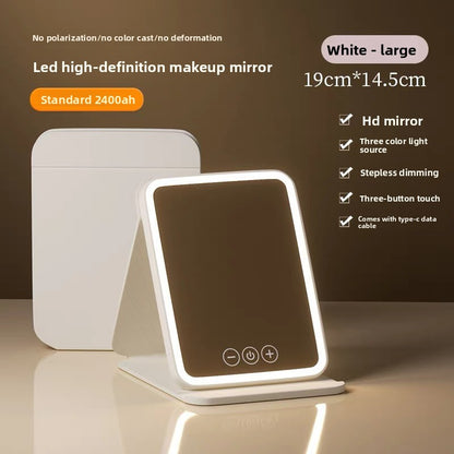 LED high-definition makeup mirror with specifications on a brown background