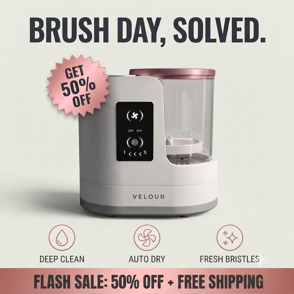 VELOUR electric pet brush shown in a promotional graphic with the headline 'BRUSH DAY, SOLVED.' and sale text.