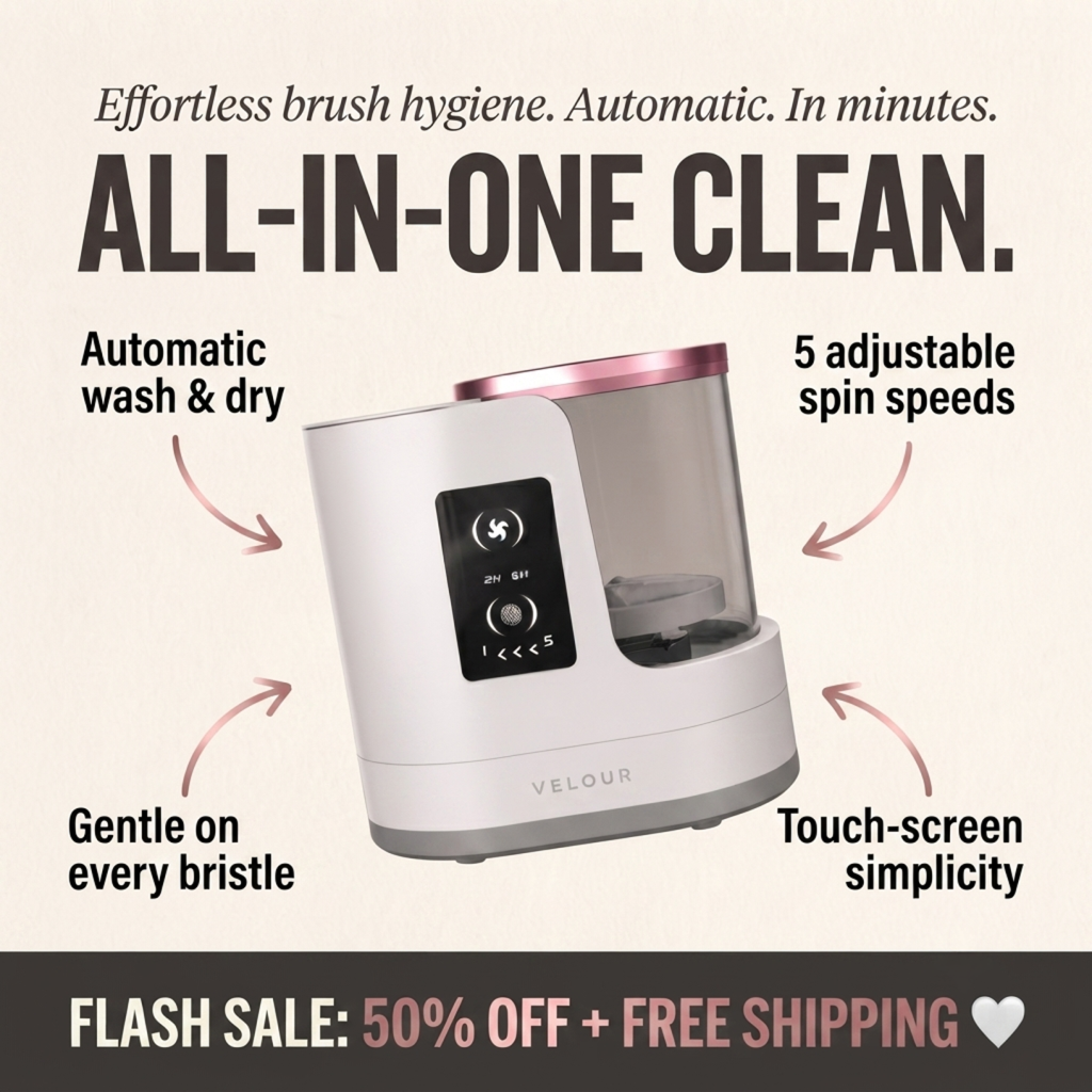 A promotional graphic for a VELOUR all-in-one cleaning device. The image features a white and rose gold electric brush cleaner with a clear container, surrounded by text callouts highlighting its features: 'Automatic wash & dry', '5 adjustable spin speeds', 'Gentle on every bristle', and 'Touch-screen simplicity'.