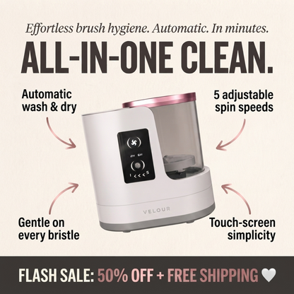 A promotional graphic for a VELOUR all-in-one cleaning device. The image features a white and rose gold electric brush cleaner with a clear container, surrounded by text callouts highlighting its features: 'Automatic wash & dry', '5 adjustable spin speeds', 'Gentle on every bristle', and 'Touch-screen simplicity'.