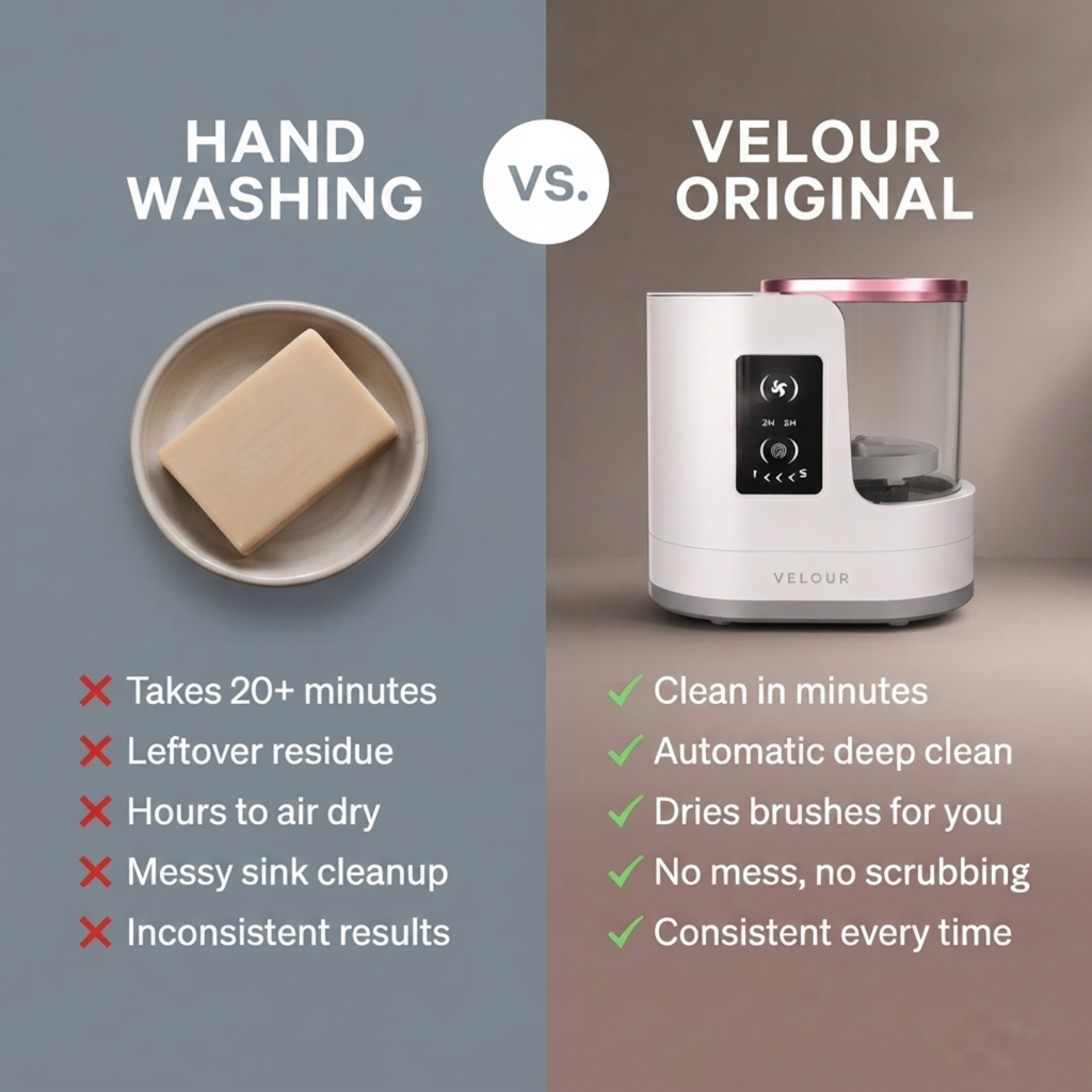 A split comparison graphic showing hand washing versus Velour Original automatic washer. The left side, labeled 'HAND WASHING,' shows a bar of soap in a bowl with text noting it takes over 20 minutes, leaves residue, requires air drying, and is messy.